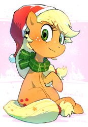 Size: 2220x3200 | Tagged: safe, artist:nendo, derpibooru import, applejack, earth pony, pony, christmas, cute, hat, holiday, jackabetes, looking at you, santa hat, solo