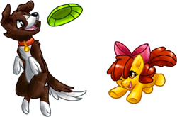 Size: 770x507 | Tagged: safe, artist:fizzy-dog, derpibooru import, apple bloom, winona, dog, earth pony, pony, female, filly, foal, frisbee, simple background, transparent background