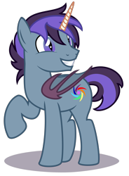 Size: 2680x3650 | Tagged: safe, artist:strategypony, derpibooru import, oc, oc only, oc:patagium, alicorn, bat pony, bat pony alicorn, pony, alicorn oc, bat pony oc, bat wings, folded wings, full body, grin, high res, horn, male, raised hoof, raised leg, request, shadow, show accurate, simple background, slit eyes, smiling, solo, stallion, standing, tail, transparent background, two toned mane, two toned tail, wings