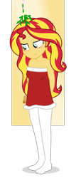 Size: 600x1320 | Tagged: safe, artist:dm29, derpibooru import, sunset shimmer, equestria girls, bare shoulders, christmas, clothes, dress, holiday, mistletoe, simple background, sleeveless, socks, solo, stocking feet, stockings, strapless, thigh highs, transparent background