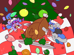 Size: 3000x2258 | Tagged: safe, artist:ninebuttom, derpibooru import, oc, oc:centeadow, oc:frozen light, bat pony, bird, pony, broccoli, candy, candy cane, christmas, christmas tree, cooked, dead, drool, food, fork, holiday, tree, turkey