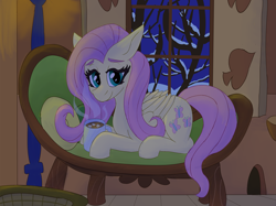 Size: 3991x2993 | Tagged: safe, artist:sufficient, derpibooru import, fluttershy, pegasus, pony, chocolate, comfy, ears, eyebrows, eyelashes, female, floppy ears, fluttershy's cottage, folded wings, food, high res, hot chocolate, indoors, lamp, lidded eyes, looking at you, lying down, mare, night, prone, secret santa, sitting, sky, smiling, smiling at you, snow, sofa, solo, steam, tree, window, wings, winter