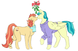 Size: 2166x1428 | Tagged: safe, artist:antoszowa, derpibooru import, aunt holiday, auntie lofty, earth pony, pegasus, pony, canon couple, christmas, clothes, female, holiday, kissing, lesbian, love, married couple, mistletoe, one eye closed, simple background, transparent background, two toned mane