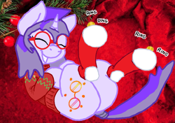 Size: 1449x1020 | Tagged: safe, artist:joey darkmeat, artist:mellow91, artist:skrapsu, derpibooru import, oc, oc only, oc:glass sight, pony, unicorn, adorkable, butt, christmas, christmas sweater, clothes, cute, dork, eyes closed, female, glasses, grin, happy, hearth's warming, holiday, horn, jingle bells, lying down, mare, ocbetes, on back, onomatopoeia, plot, smiling, socks, solo, sound effects, sweater, unicorn oc