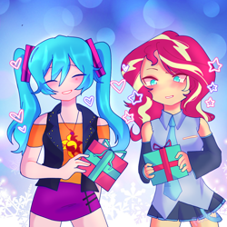 Size: 1280x1280 | Tagged: safe, artist:panimeko, derpibooru import, sunset shimmer, human, equestria girls, anime, blushing, christmas, clothes, clothes swap, crossover, cute, duo, eyes closed, female, geode of empathy, hatsune miku, heart, holiday, humanized, jacket, jewelry, leather jacket, magical geodes, necklace, open mouth, present, shimmerbetes, shirt, skirt, stars, t-shirt, vocaloid