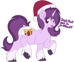 Size: 3532x2972 | Tagged: safe, artist:czu, derpibooru import, oc, oc only, oc:czupone, unicorn, butt, christmas, dock, ear fluff, ears, hat, holiday, plot, present, santa hat, simple background, solo, tail, text, transparent background, underhoof, unshorn fetlocks