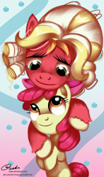 Size: 1200x2034 | Tagged: safe, artist:esuka, derpibooru import, apple bloom, big macintosh, earth pony, pony, brotherhooves social, crossdressing, female, filly, foal, male, orchard blossom, siblings, stallion