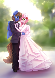 Size: 3508x4962 | Tagged: safe, artist:dandy, derpibooru import, oc, oc only, oc:bizarre song, oc:sugar morning, anthro, pegasus, unguligrade anthro, blushing, bowtie, clothes, commission, dress, duo, flower, flower in hair, high res, looking into each others eyes, marriage, suit, wedding, wedding dress, wings