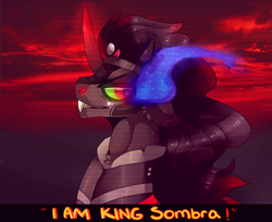 Size: 2353x1922 | Tagged: safe, artist:fluffideer, derpibooru import, king sombra, pony, unicorn, bust, fangs, male, smiling, solo, sombra eyes, stallion, talking