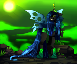 Size: 5099x4232 | Tagged: safe, artist:fluffideer, derpibooru import, queen chrysalis, changeling, changeling queen, female, looking back, outdoors, solo, sun