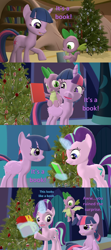 Size: 1920x4320 | Tagged: safe, artist:red4567, derpibooru import, spike, starlight glimmer, twilight sparkle, twilight sparkle (alicorn), alicorn, dragon, comic:zits, hearthbreakers, 3d, book, christmas, christmas tree, golden oaks library, hearth's warming eve, holiday, present, source filmmaker, that pony sure does love books, tree, winged spike, wings
