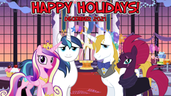 Size: 2064x1161 | Tagged: safe, anonymous artist, artist:90sigma, artist:andoanimalia, derpibooru import, prince blueblood, princess cadance, shining armor, tempest shadow, alicorn, unicorn, 2021, berryblood, christmas, december, decoration, female, friendship, group photo, happy holidays, hearth's warming, holiday, husband and wife, invitation, it's beginning to look a lot like christmas, male, mare, married couple, party, shiningcadance, shipping, stallion, straight, youtube link in the description