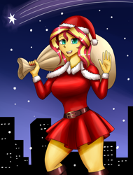 Size: 1600x2100 | Tagged: safe, artist:zachc, derpibooru import, sunset shimmer, equestria girls, christmas, clothes, costume, dress, female, hat, holiday, looking at you, santa costume, santa hat, sexy, sexy santa costume, solo, waving