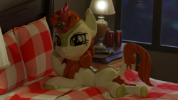 Size: 3840x2160 | Tagged: safe, artist:xppp1n, autumn blaze, kirin, 1911, bed, bedsheets, blender cycles, christmas, cloven hooves, looking at you, lying down, lying on bed, mistletoe, monster energy, pillow, raised eyebrow, raised hoof, raised leg, smiling, solo