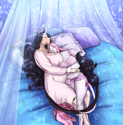 Size: 2047x2080 | Tagged: safe, artist:blackblood-queen, oc, oc only, oc:beryl lovegreen, oc:rosie quartz, anthro, unguligrade anthro, unicorn, anthro oc, bed, big breasts, breasts, clothes, crystal horn, cuddling, cuddling in bed, curved horn, digital art, female, friends, horn, huge breasts, leonine tail, mare, nightgown, pillow, size difference, tail, tanktop, unicorn oc