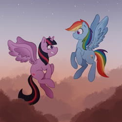 Size: 2000x2000 | Tagged: safe, artist:voxaro, derpibooru import, rainbow dash, twilight sparkle, twilight sparkle (alicorn), alicorn, pegasus, pony, cloud, duo, female, first flight, flying, looking at each other, looking at someone, mare, nervous, sheepish grin, sky, smiling, sweat