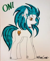 Size: 2448x2987 | Tagged: safe, artist:crowe1978, derpibooru import, earth pony, pony, ear piercing, female, mare, piercing, ponified, ryoko, signature, simple background, smiling, solo, tenchi muyo, traditional art