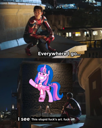 Size: 1080x1350 | Tagged: safe, artist:徐詩珮, edit, oc, oc:hsu amity, alicorn, meme, spider-man, spider-man: far from home, tom holland, vulgar