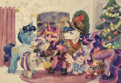 Size: 1280x876 | Tagged: safe, artist:the-wizard-of-art, derpibooru import, night light, princess cadance, princess flurry heart, shining armor, twilight sparkle, twilight sparkle (alicorn), twilight velvet, alicorn, pony, unicorn, christmas, christmas 2021, christmas tree, christmas wreath, clothes, family, female, foal, hat, hearth's warming, holiday, horn, male, mare, nightvelvet, shiningcadance, shipping, sparkle family, stallion, sweater, traditional art, tree, watercolor painting, wings, wreath