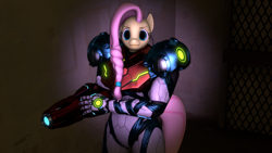 Size: 1280x720 | Tagged: safe, artist:warhammer50k, derpibooru import, fluttershy, anthro, pegasus, 3d, arm cannon, armor, fluttershy is not amused, hand cannon, looking at you, metroid, metroid dread, power armor, power suit, samus aran, source filmmaker, unamused