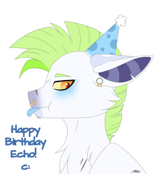 Size: 2000x2193 | Tagged: safe, artist:melodytheartpony, derpibooru import, oc, earth pony, :p, blushing, doodle, feral, fluffy, gift art, grumpy, happy birthday, hat, male, party hat, piercing, present, scar, signature, simple background, tongue, tongue out, white background