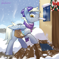 Size: 3000x3000 | Tagged: safe, artist:jedayskayvoker, derpibooru import, derpy hooves, dopey hooves, pegasus, pony, beanie, christmas, christmas wreath, clothes, doormat, facial hair, hat, high res, holiday, house, letter, mail, mailbag, mailpony, male, mouth hold, rule 63, scarf, smiling, snow, solo, stallion, stubble, winter, wreath