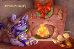 Size: 1500x1000 | Tagged: safe, artist:midnightpremiere, derpibooru import, spike, twilight sparkle, twilight sparkle (alicorn), alicorn, dragon, pony, hearth's warming eve (episode), christmas, clothes, clover the clever's cloak, costume, cute, duo, fireplace, hearth, hearth's warming eve, holiday, quill, scroll, spikabetes, spikelove, twiabetes, wreath