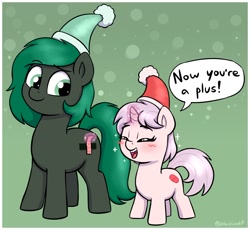 Size: 1690x1552 | Tagged: safe, artist:heretichesh, derpibooru import, oc, oc:minus, oc:red pill, earth pony, pony, unicorn, bandaid, blushing, christmas, cute, dialogue, duo, eyes closed, female, filly, foal, hat, holiday, magic, male, ocbetes, open mouth, open smile, pun, pure unfiltered good, santa hat, smiling, speech bubble, stallion, telekinesis, visual pun