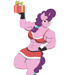 Size: 1951x2048 | Tagged: safe, artist:matchstickman, derpibooru import, sugar belle, anthro, unicorn, abs, biceps, breasts, busty sugar belle, christmas, christmas presents, clothes, deltoids, female, gloves, grin, hand on hip, holiday, implied big macintosh, looking at someone, mare, midriff, muscles, muscular female, simple background, smiling, solo, sugar barbell, thighs, thunder thighs, white background