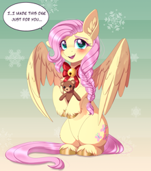 Size: 2038x2302 | Tagged: safe, artist:_ladybanshee_, derpibooru import, fluttershy, pegasus, pony, alternate hairstyle, blushing, braid, chest fluff, christmas, cute, ear fluff, ears, female, holiday, hoof fluff, mare, plushie, shyabetes, solo, teddy bear, unshorn fetlocks, wholesome