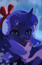 Size: 1500x2312 | Tagged: safe, artist:hierozaki, derpibooru import, princess luna, alicorn, pony, bust, candy, candy cane, earmuffs, female, food, mare, portrait, solo