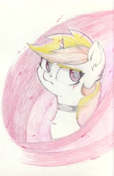 Size: 4435x6830 | Tagged: safe, artist:foxtrot3, derpibooru import, oc, oc only, oc:vida emotionate, unicorn, choker, embers, fire, looking at you, magenta eyes, solo, traditional art