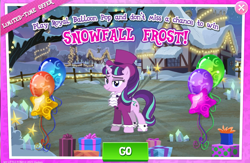 Size: 1042x680 | Tagged: safe, derpibooru import, snowfall frost, starlight glimmer, pony, unicorn, a hearth's warming tail, advertisement, balloon, female, gameloft, mare, official