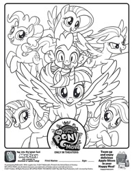 Size: 612x792 | Tagged: safe, derpibooru import, applejack, fluttershy, pinkie pie, rainbow dash, rarity, spike, twilight sparkle, twilight sparkle (alicorn), alicorn, dragon, unicorn, my little pony: the movie, applejack's hat, clothes, coloring page, cowboy hat, curly hair, curly mane, happy meal, hat, horn, mcdonald's, my little pony logo, printable, straight hair, straight mane, wings