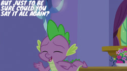 Size: 1280x720 | Tagged: safe, derpibooru import, edit, edited screencap, editor:quoterific, screencap, spike, dragon, dragon dropped, season 9, eyes closed, male, open mouth, open smile, smiling, solo, twilight's castle, winged spike, wings