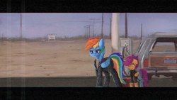 Size: 1920x1080 | Tagged: safe, artist:menalia, derpibooru import, rainbow dash, scootaloo, cyborg, pegasus, pony, aesthetics, car, clothes, cyborg pony, error, female, filly, foal, glitch, jacket, jeans, leather jacket, mare, movie reference, pants, shirt, t-800, t-shirt, terminator, terminator 2, vhs, walking, wings