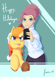 Size: 1138x1600 | Tagged: safe, artist:storyteller, derpibooru import, oc, oc:omelette, earth pony, human, pony, :p, cellphone, christmas, cute, female, happy holidays, hat, holiday, male, phone, santa hat, selfie, smiling, stallion, tongue, tongue out, underhoof