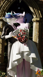 Size: 2160x3840 | Tagged: safe, artist:skymaiden, derpibooru import, shining armor, oc, oc:steamy, anthro, 3d, canon x oc, clothes, commission, commissioner:steamy, dress, glasses, marriage, watermark, wedding, wedding dress, ych result