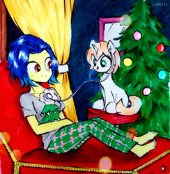 Size: 883x905 | Tagged: safe, artist:liaaqila, derpibooru import, oc, oc:blissful trance, oc:healing touch, pony, unicorn, equestria girls, checkup, christmas, christmas tree, clothes, holiday, magic, pajamas, stethoscope, tree