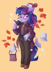 Size: 860x1200 | Tagged: safe, artist:saxopi, derpibooru import, twilight sparkle, twilight sparkle (alicorn), alicorn, semi-anthro, clothes, coffee, cutie mark accessory, cutie mark hair accessory, glasses, jacket, leaves, looking at you, missing horn, pants, solo, suit