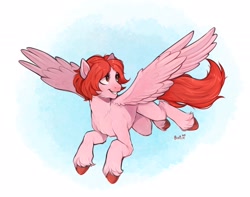 Size: 2048x1615 | Tagged: safe, artist:birdoffnorth, derpibooru import, oc, oc only, oc:weathervane, pegasus, pony, colored hooves, commission, female, flying, mare, smiling, solo, spread wings, unshorn fetlocks, wings