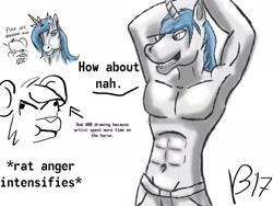 Size: 2048x1536 | Tagged: safe, artist:vitaminbob, derpibooru import, oc, oc only, anthro, rat, unicorn, angry, armpits, bust, clothes, dialogue, horn, muscles, shorts, smiling, smirk, unicorn oc