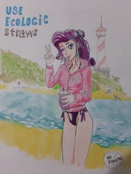 Size: 3000x4000 | Tagged: safe, artist:u_to.01, derpibooru import, rarity, human, equestria girls, beach, complex background, lighthouse, pier, solo, tongue, tongue out, traditional art