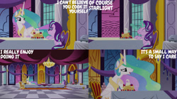 Size: 1280x720 | Tagged: safe, derpibooru import, edit, edited screencap, editor:quoterific, screencap, princess celestia, starlight glimmer, alicorn, pony, unicorn, a royal problem, season 7, ^^, aweeg*, crown, cute, eating, eyes closed, female, food, fork, glimmerbetes, jewelry, magic, mare, momlestia fuel, open mouth, open smile, pancakes, regalia, smiling, telekinesis