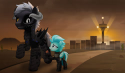 Size: 800x467 | Tagged: safe, artist:jhayarr23, derpibooru import, oc, oc only, oc:tenebrae moonfallen, oc:windy breeze, bat pony, pony, armor, black sclera, female, filly, foal, heterochromia, horns, male, stallion