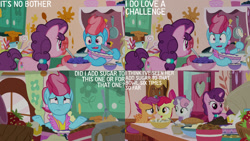 Size: 1280x720 | Tagged: safe, derpibooru import, edit, edited screencap, editor:quoterific, screencap, apple bloom, cup cake, scootaloo, sugar belle, sweetie belle, earth pony, pegasus, pony, unicorn, season 9, the big mac question, spoiler:s09, apple bloom's bow, bow, cutie mark crusaders, female, filly, foal, hair bow, mare, open mouth, sugarcube corner