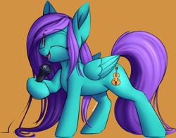 Size: 1219x963 | Tagged: safe, artist:notetaker, derpibooru import, oc, oc:swing time, pegasus, pony, female, looking at you, microphone, one eye closed, solo, wink