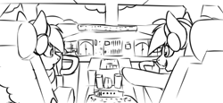 Size: 499x229 | Tagged: safe, artist:notetaker, derpibooru import, oc, oc only, oc:chance, oc:notetaker, earth pony, pegasus, pony, boeing 747, cockpit, control panel, couple, headphones, headset, interior, microphone, seat