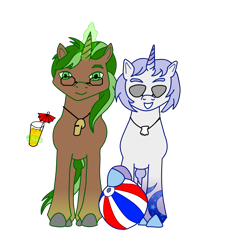 Size: 1330x1456 | Tagged: safe, artist:assertiveshypony, derpibooru exclusive, derpibooru import, oc, oc:green scroll, oc:snowmoon, pony, unicorn, 2022 community collab, beach ball, derpibooru community collaboration, glasses, juice, looking at you, magic, shell, simple background, sunglasses, transparent background, whistle, whistle necklace