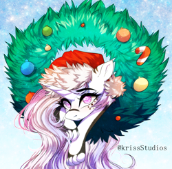 Size: 2548x2500 | Tagged: safe, artist:krissstudios, derpibooru import, oc, pony, unicorn, candy, candy cane, christmas, christmas wreath, female, food, hat, holiday, mare, santa hat, solo, wreath